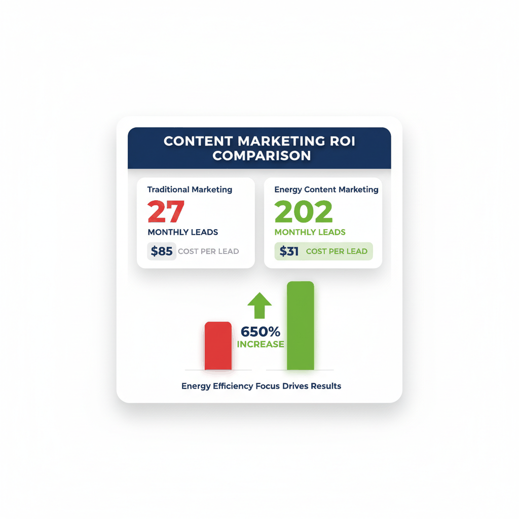 Content marketing ROI comparison showing 650% increase in leads from energy efficiency content versus traditional window marketing approaches