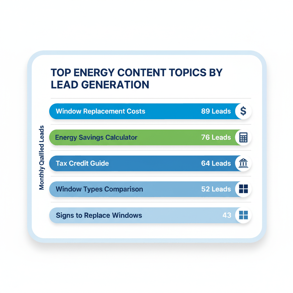 Bar chart showing energy efficiency content topics ranked by lead generation performance for window installation companies