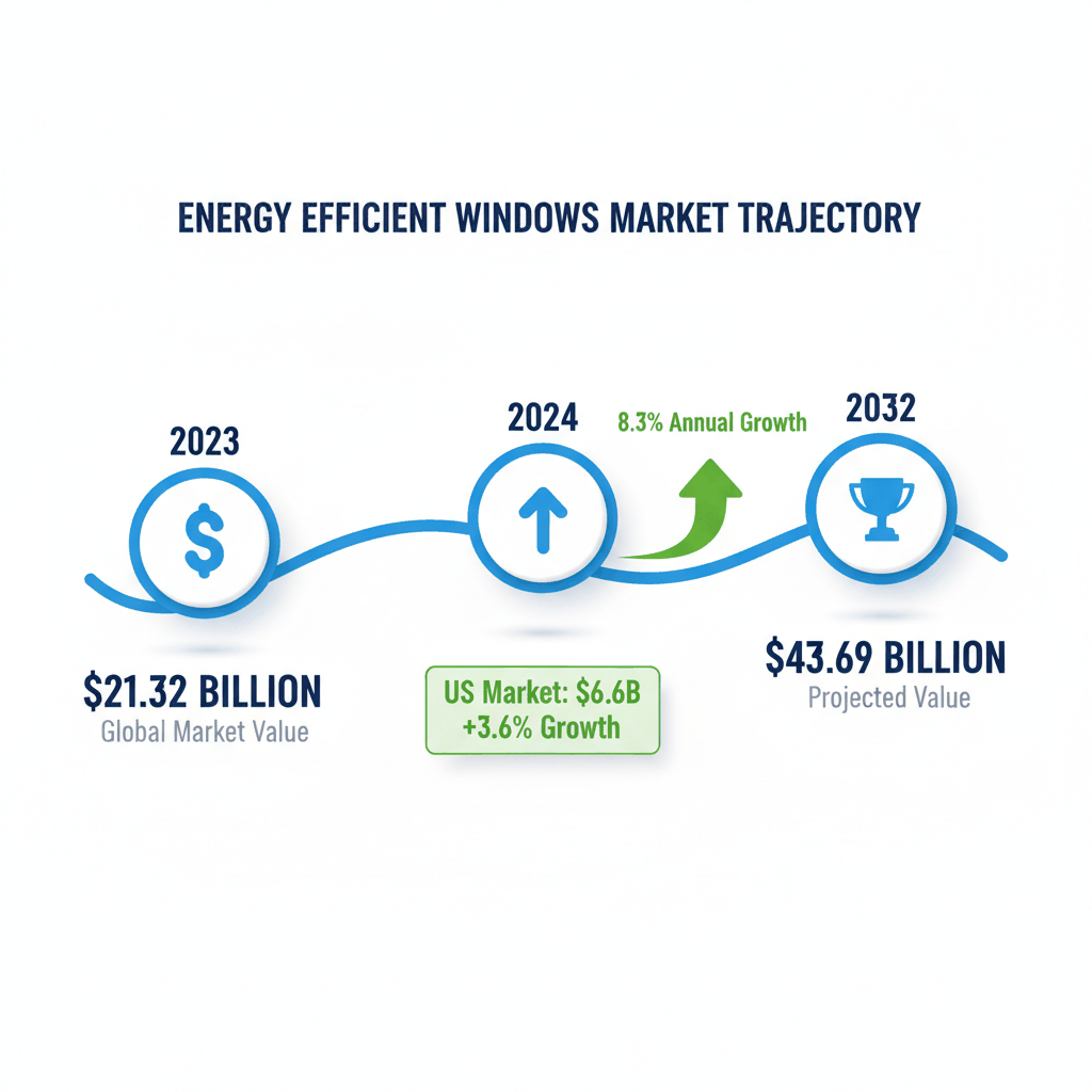 Timeline showing energy efficient windows market growth from $21.32 billion in 2023 to projected $43.69 billion by 2032