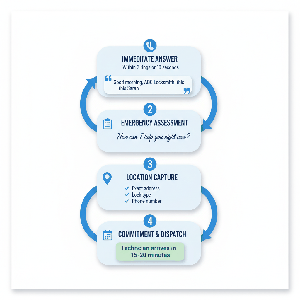 Professional locksmith emergency phone script flow diagram showing four-step call handling process