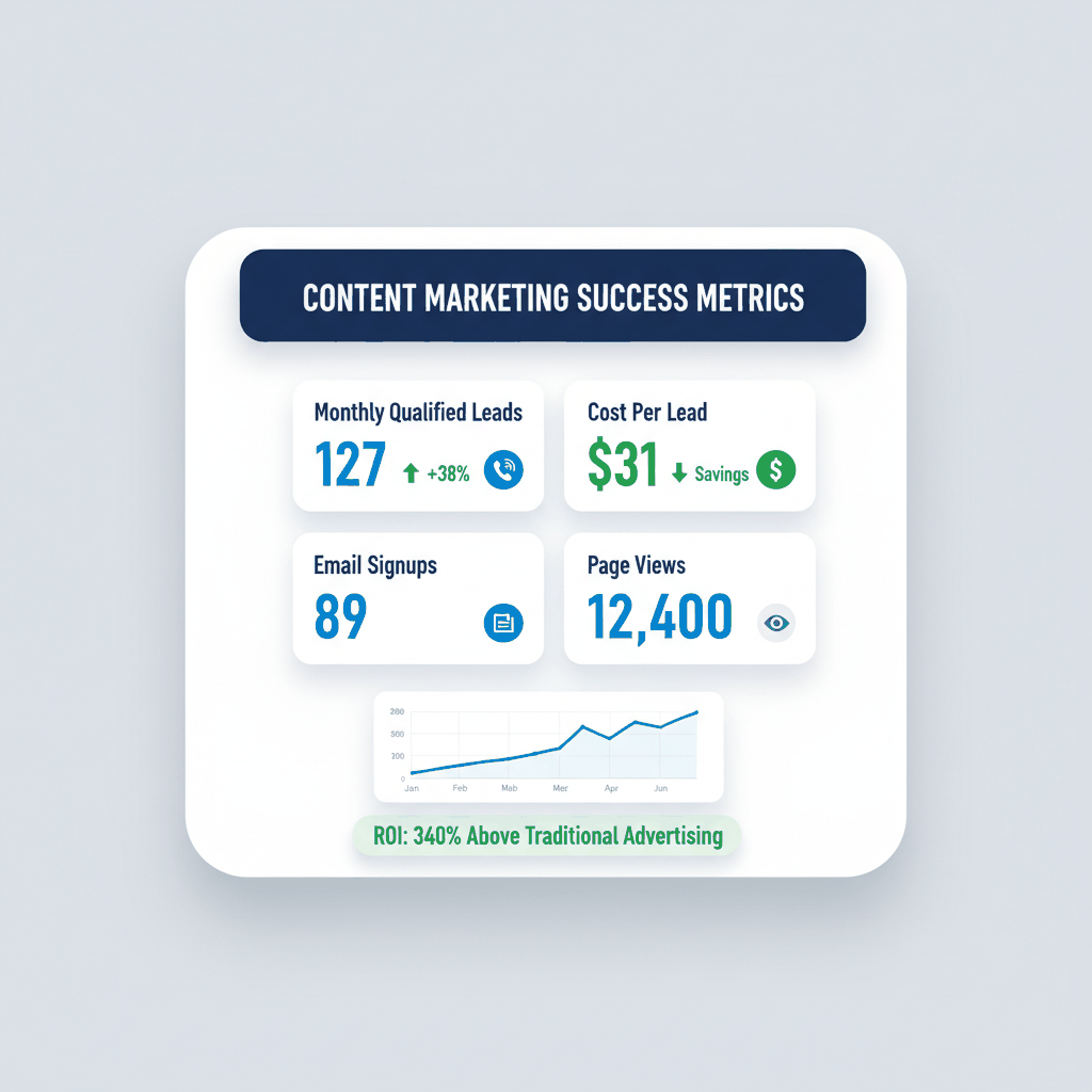 Content marketing performance dashboard showing qualified leads, cost per lead, email signups and page views for window installation companies