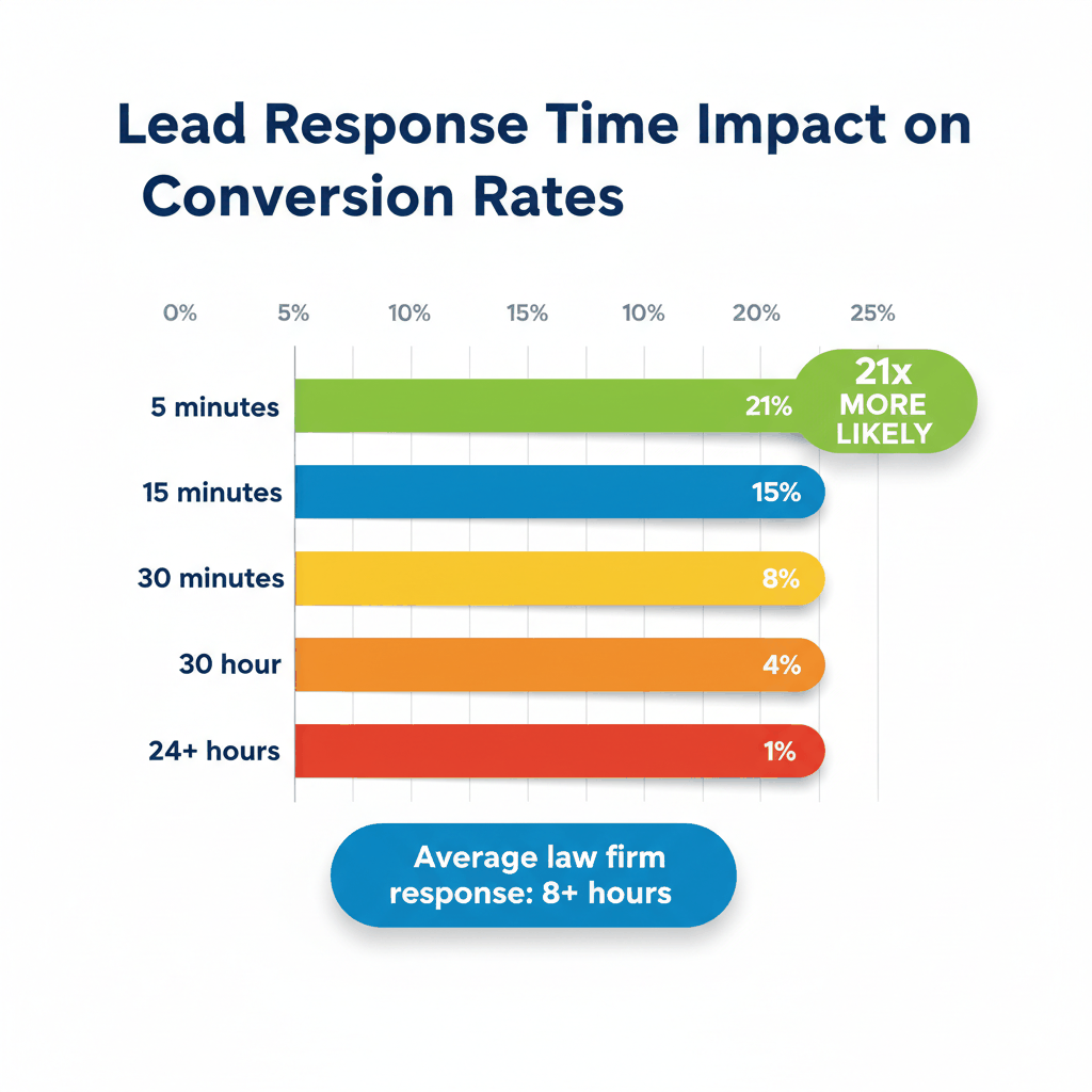Attorney lead response time conversion rate chart showing 21x higher conversion within 5 minutes - law firm lead management