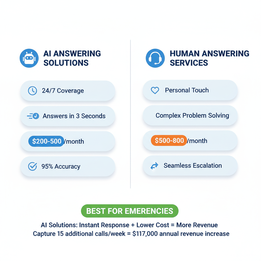 AI versus human answering services comparison for locksmith emergency call handling showing costs and benefits