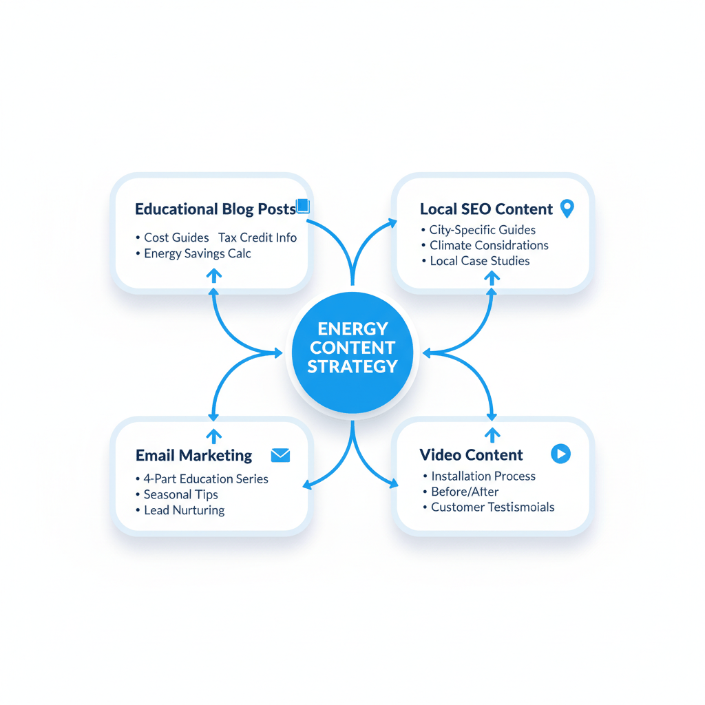 Four-pillar content strategy framework showing educational blog posts, local SEO, video content, and email marketing for window installers