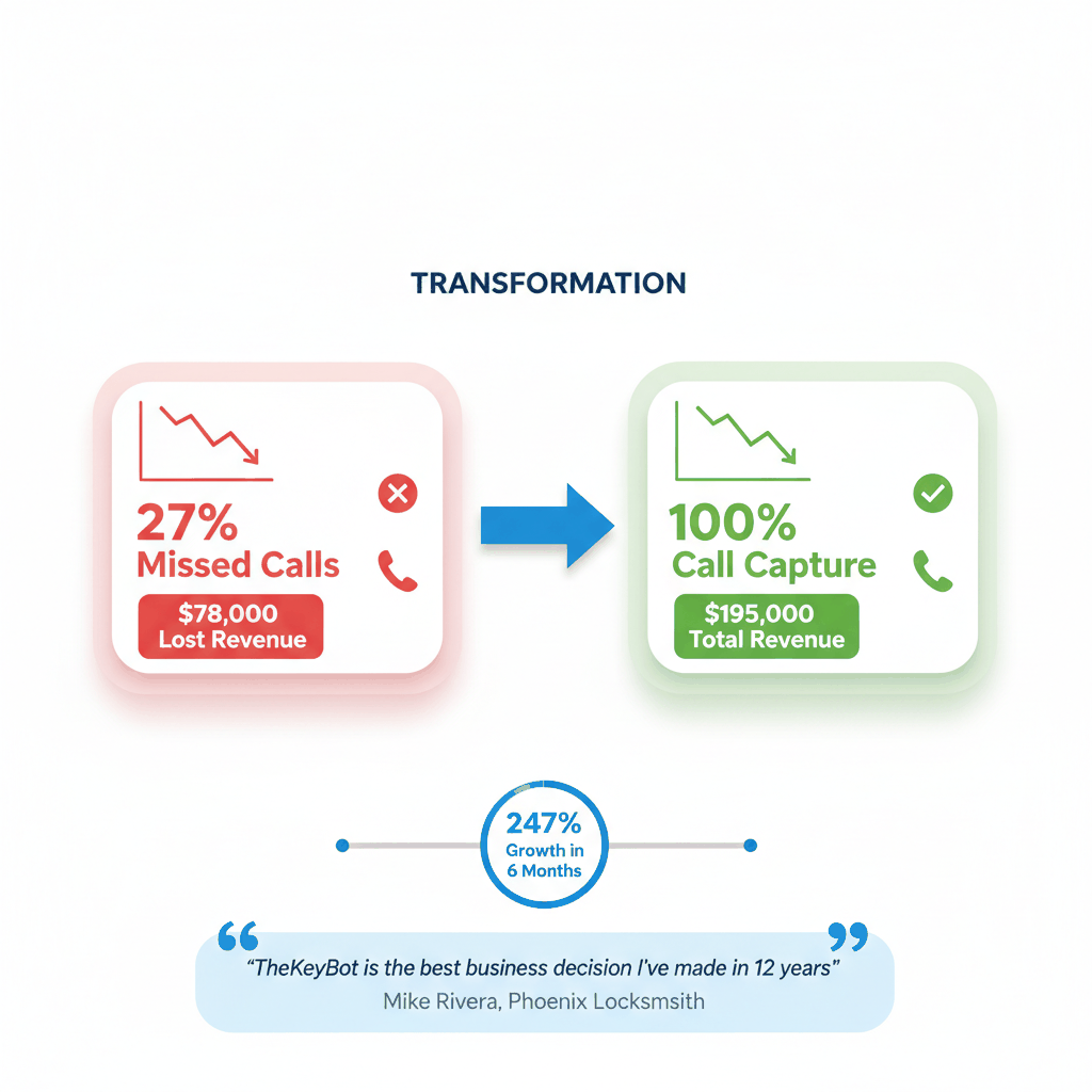 Locksmith business revenue growth transformation showing before and after phone handling improvements with success metrics