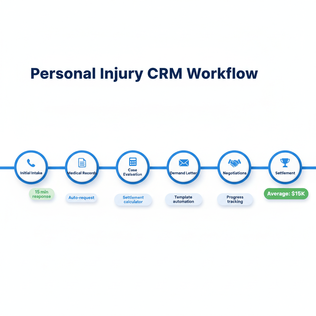 Personal injury case management workflow timeline showing CRM automation from intake to settlement for MVA attorneys