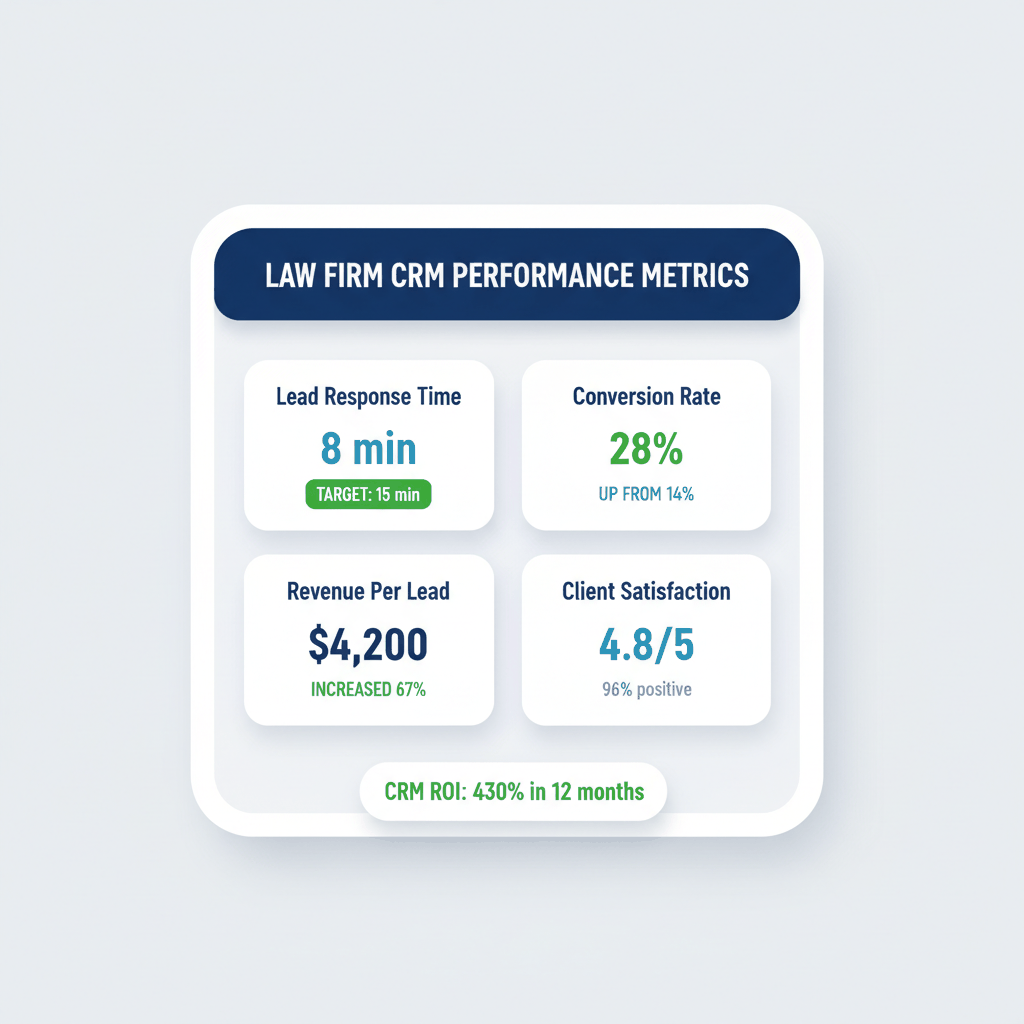 Law firm CRM performance metrics dashboard showing improved response time, conversion rates, and ROI for attorneys