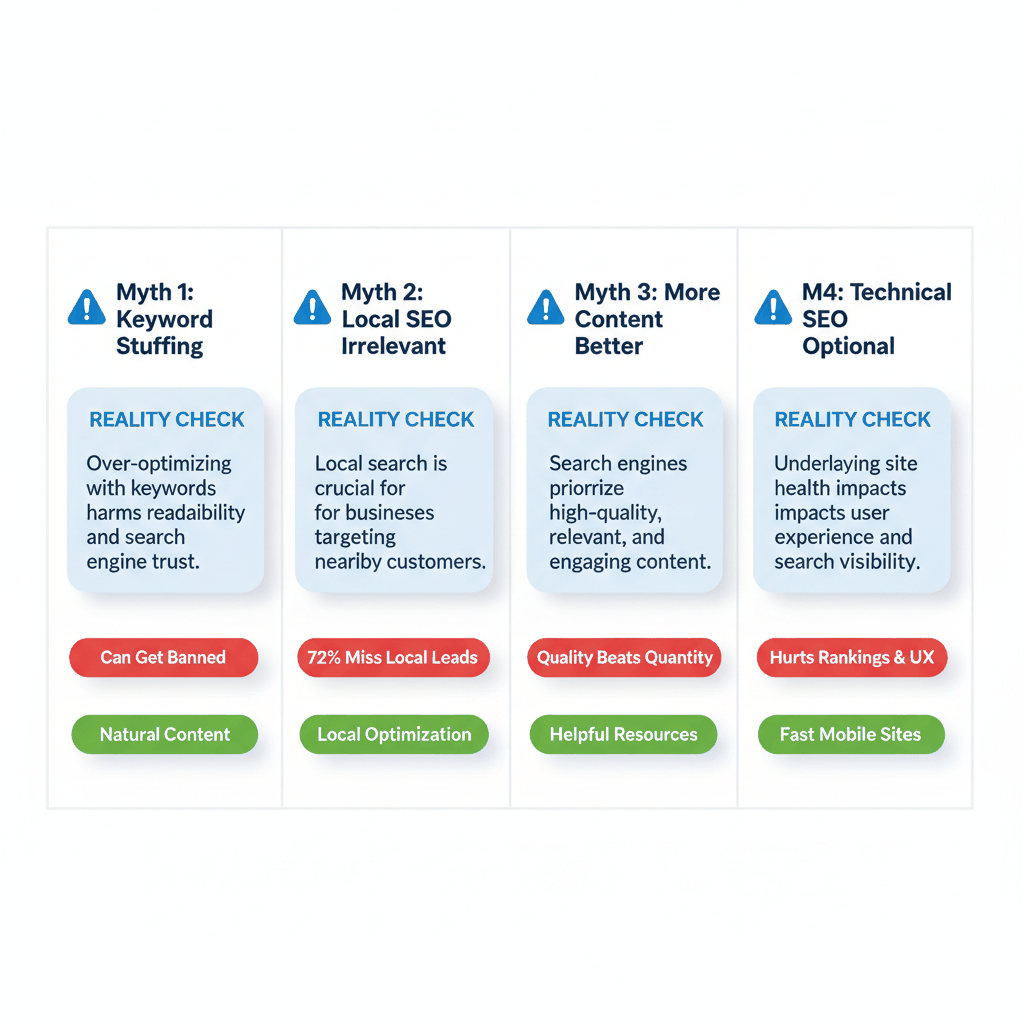 Solar SEO myths versus reality comparison chart showing keyword stuffing, local SEO importance, content quality, and technical optimization facts