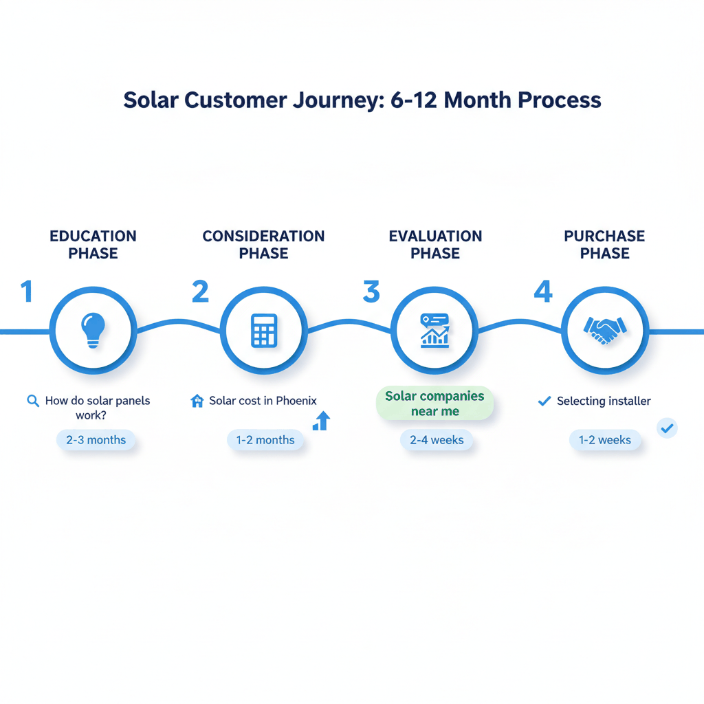 Solar customer search journey timeline showing 6-12 month research process from education through purchase phases