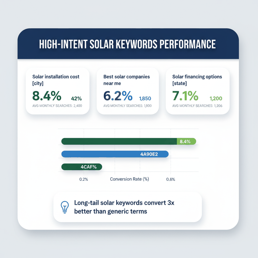 Solar keyword performance dashboard showing high-intent search terms with conversion rates and monthly search volumes
