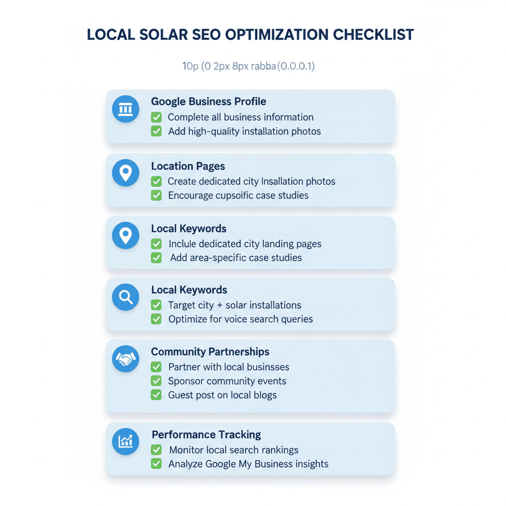 Local solar SEO optimization checklist covering Google Business Profile, location pages, keywords, partnerships, and tracking