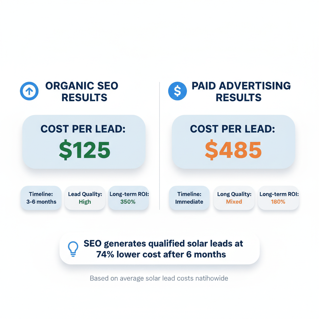 Solar SEO versus paid advertising ROI comparison showing cost per lead, timeline, and long-term return on investment