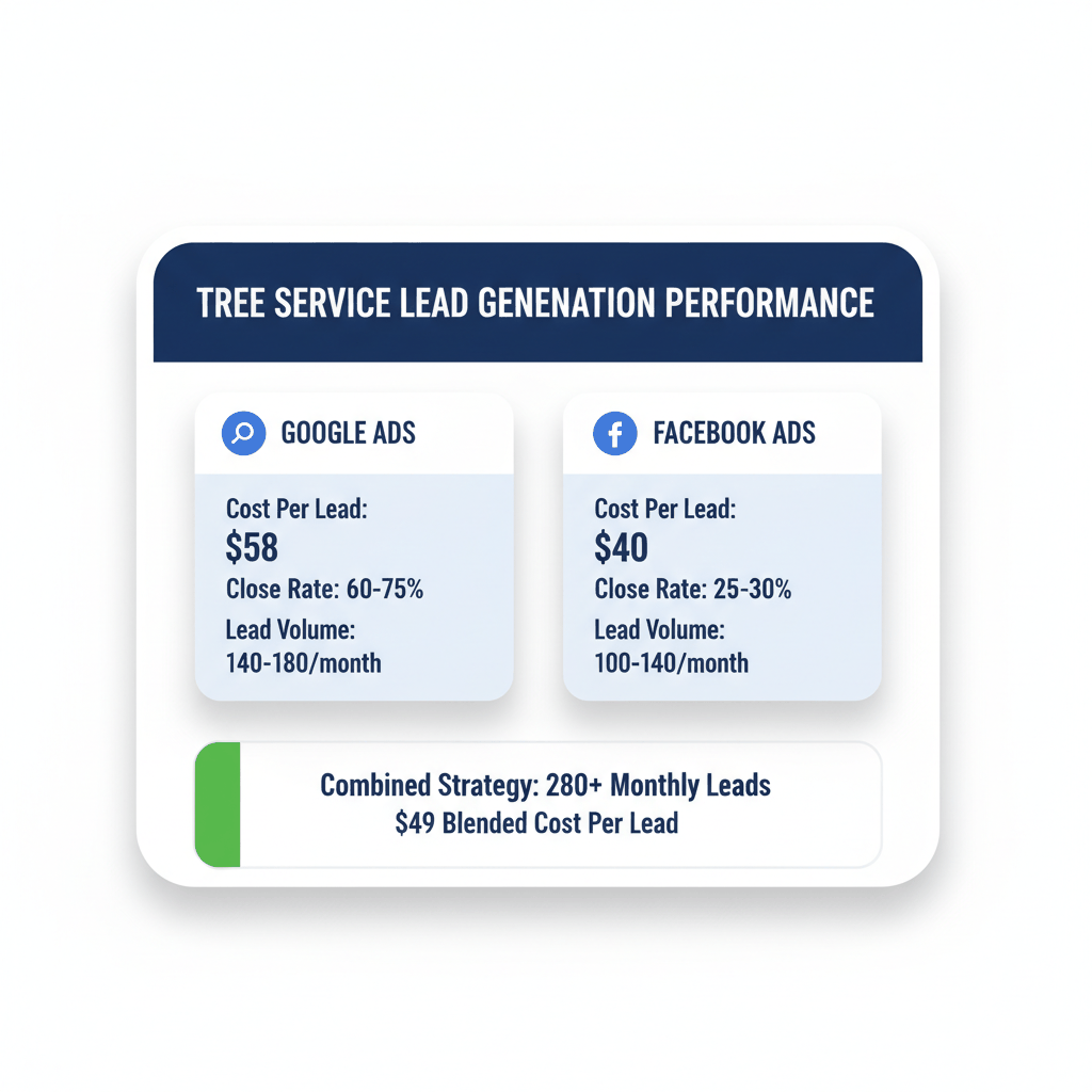 Tree service lead generation cost comparison between Google Ads and Facebook Ads showing performance metrics