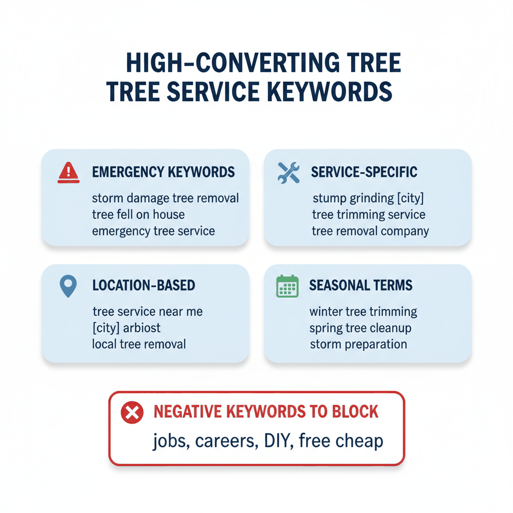Tree service Google Ads keyword strategy framework showing high-converting keyword categories and negative keywords to block