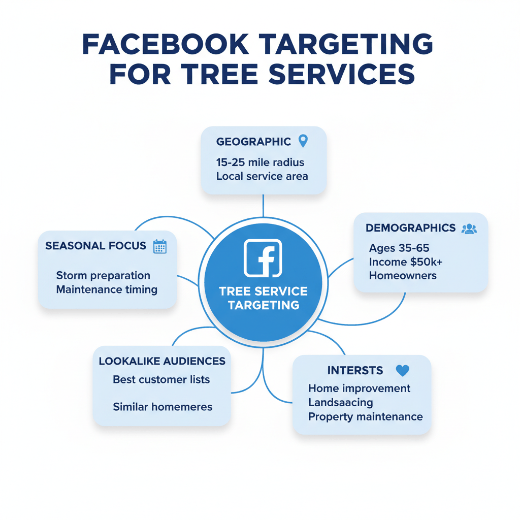 Facebook Ads targeting strategy for tree services showing demographic, geographic, and interest-based audience options