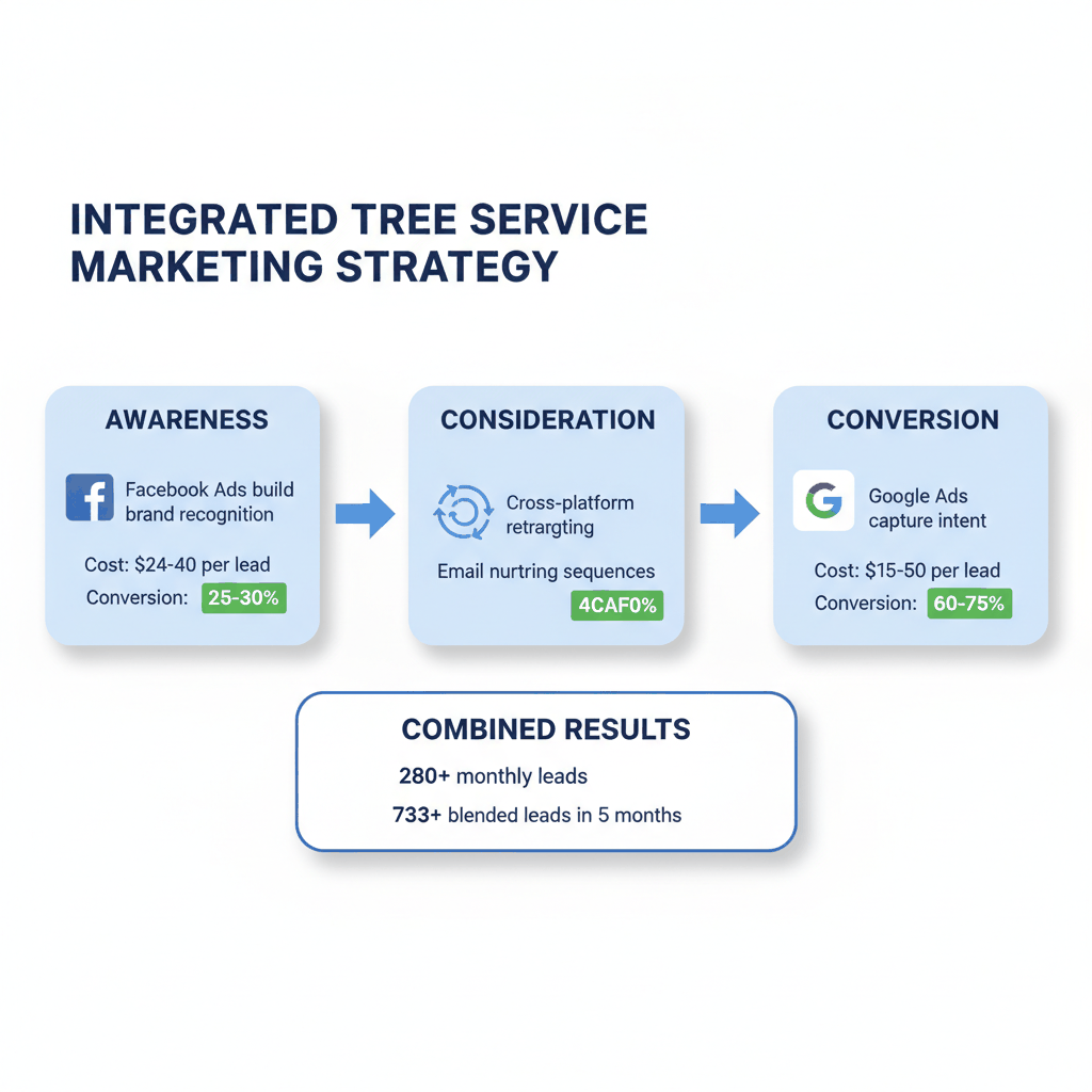 Integrated tree service marketing strategy showing how Google Ads and Facebook Ads work together for maximum lead generation