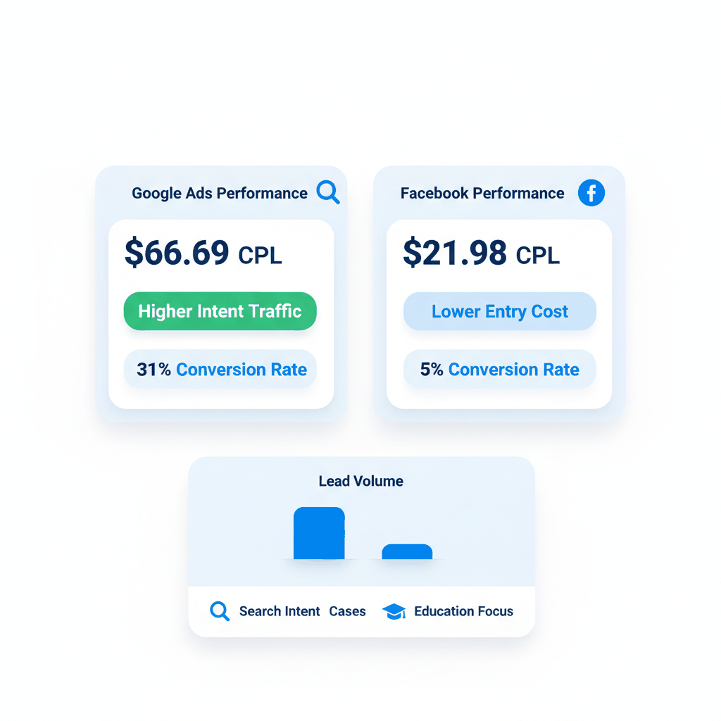 Google Ads vs Facebook advertising performance comparison dashboard showing cost per lead and conversion rates for Medicare marketing
