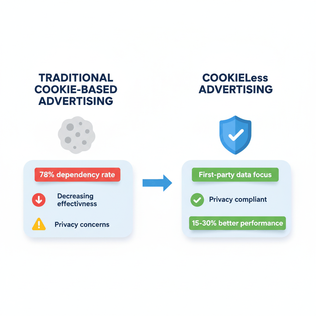 Comparison chart showing traditional cookie-based advertising decline versus cookieless advertising benefits for insurance companies