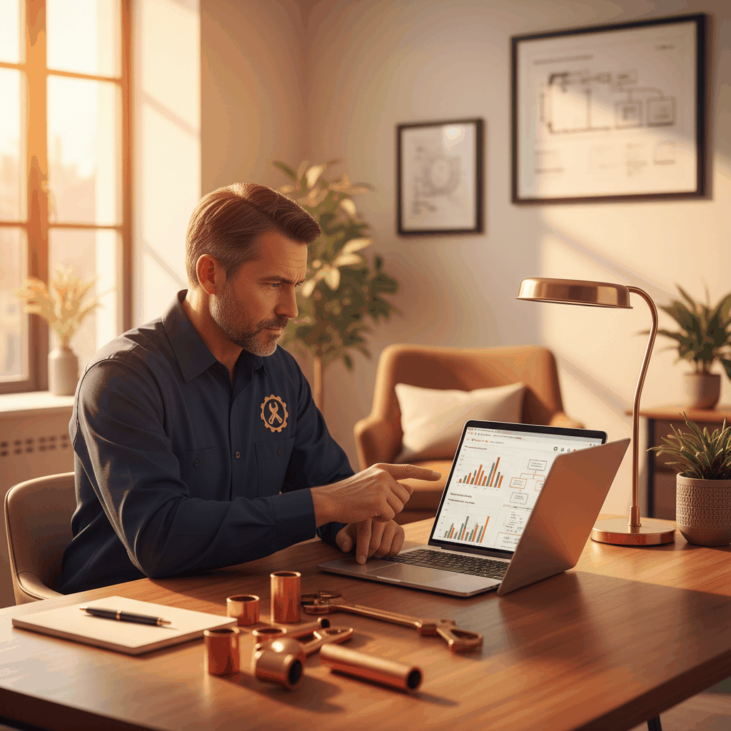 Professional plumber analyzing high-converting website design and optimization strategies - perfect plumbing website anatomy