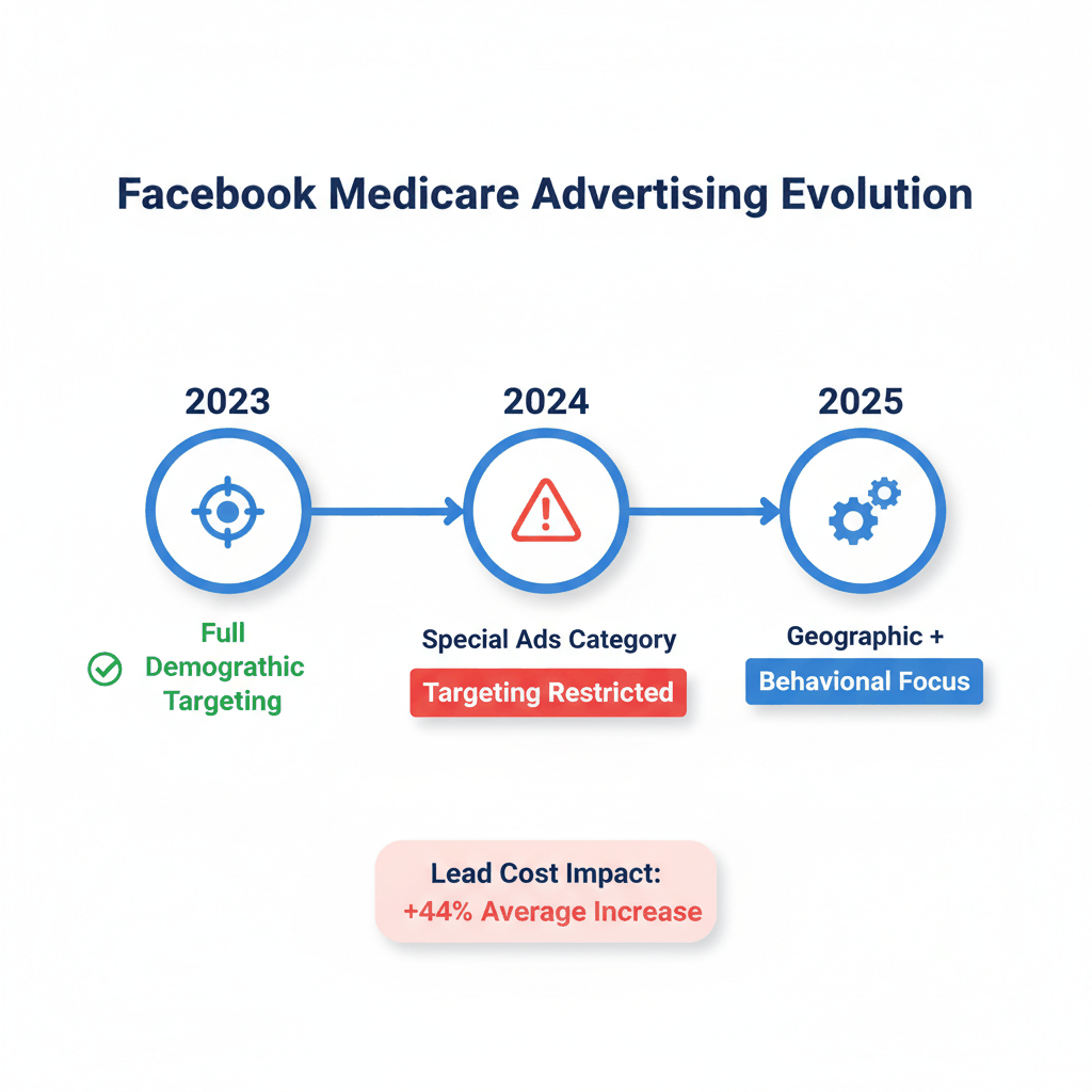 Facebook targeting restrictions timeline showing Medicare advertising changes from 2023-2025 and impact on lead costs