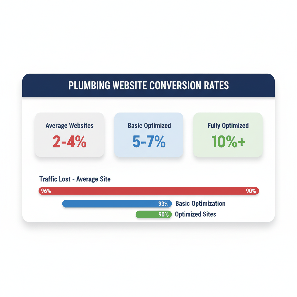 Plumbing website conversion rate comparison showing average vs optimized performance metrics for lead generation