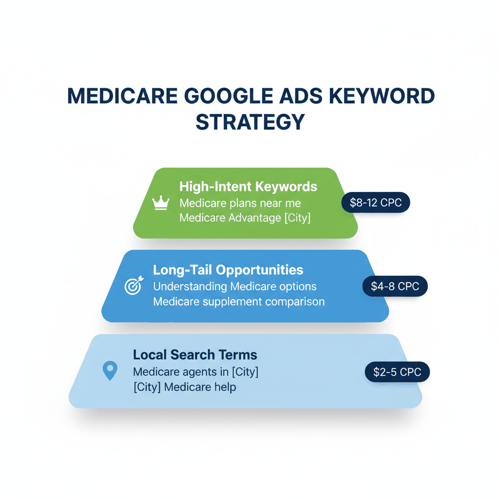 Medicare Google Ads keyword strategy pyramid showing high-intent, long-tail, and local search terms with cost ranges