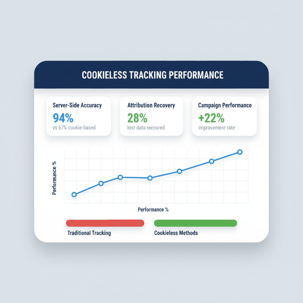 Cookieless tracking performance dashboard showing 94% accuracy, 28% attribution recovery, and 22% campaign improvement for insurance advertising