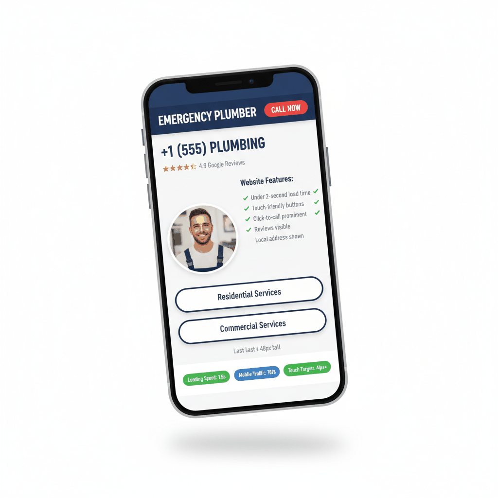 Mobile-first plumbing website design showing fast loading, touch-friendly interface with conversion optimization elements