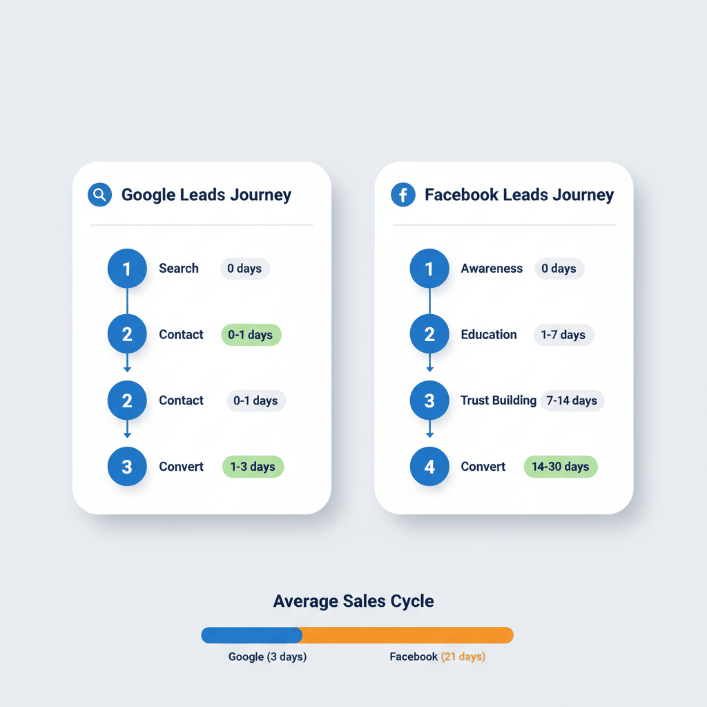 Medicare lead nurturing timeline comparison between Google and Facebook showing sales cycle differences from awareness to conversion