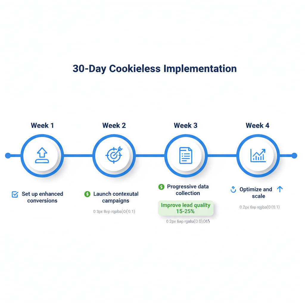 30-day cookieless insurance advertising implementation timeline - weekly milestones from setup to optimization