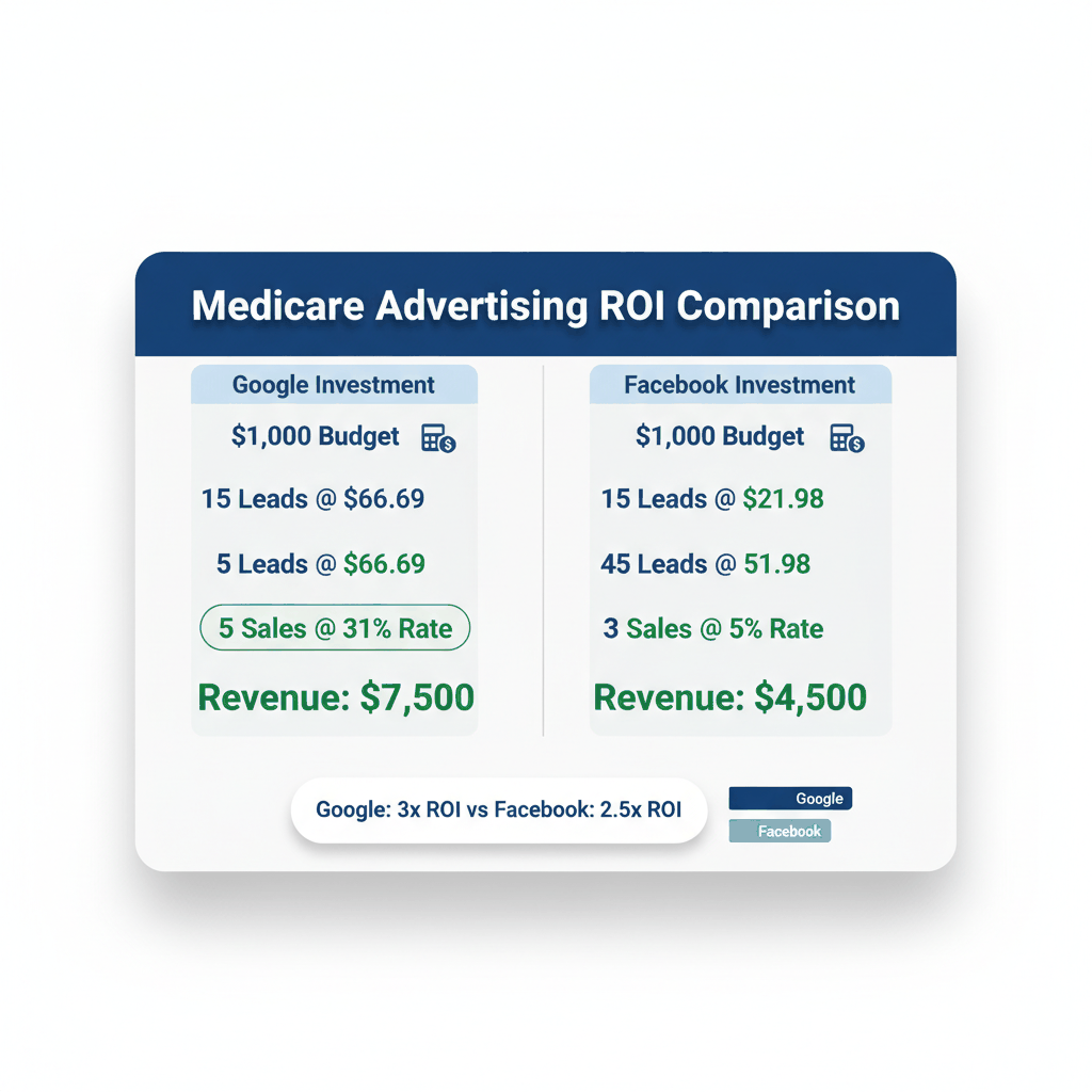 Medicare advertising ROI calculator comparing Google Ads and Facebook investment returns based on industry conversion rates