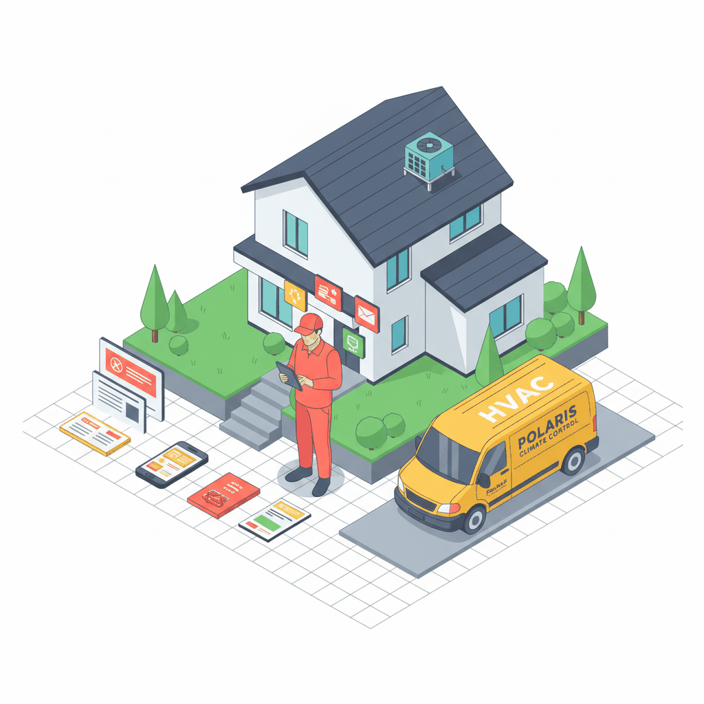 Isometric HVAC marketing strategy illustration showing technician with digital marketing tools and service van - HVAC marketing plan