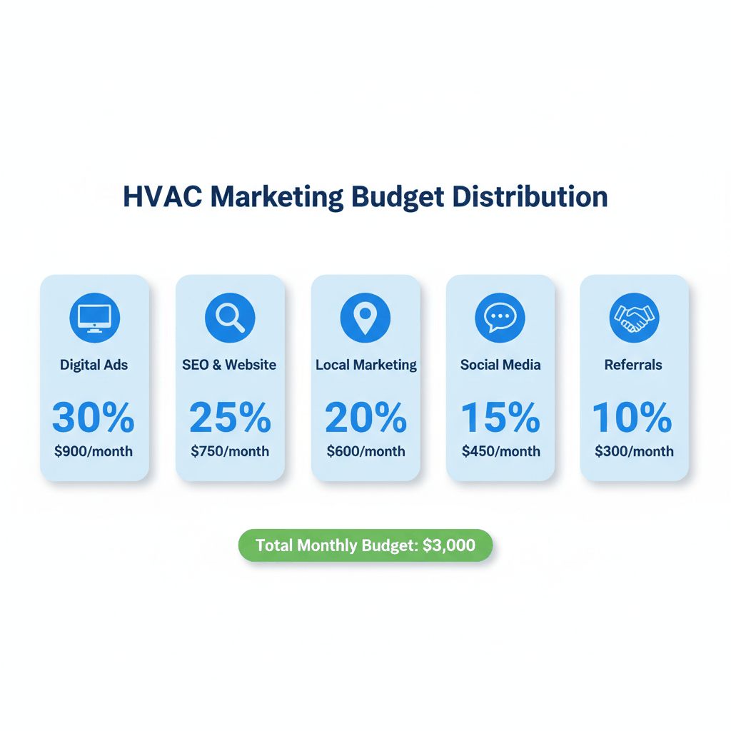 HVAC marketing budget allocation chart showing 30% digital ads, 25% SEO, 20% local marketing distribution - HVAC business marketing budget