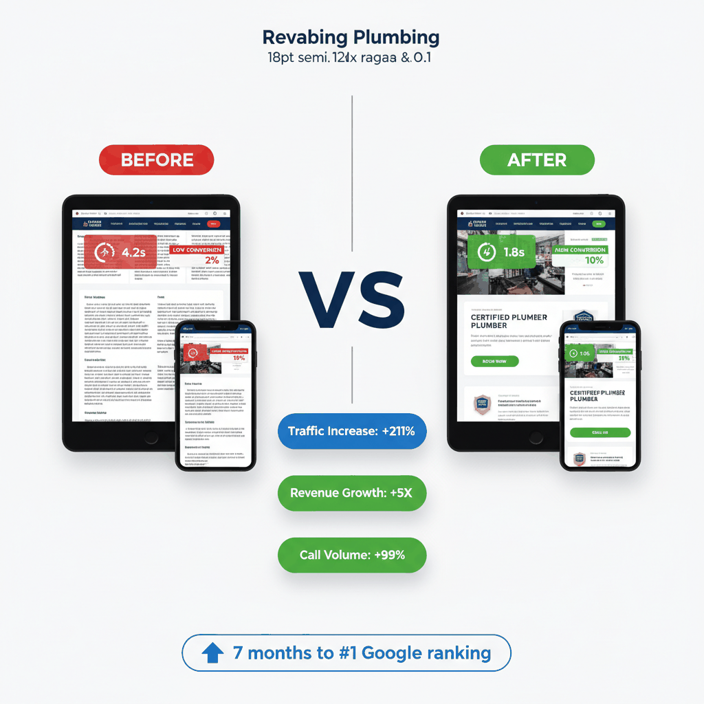 Plumbing website optimization case study results showing dramatic improvements in conversions and revenue growth