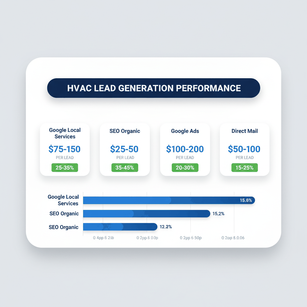 HVAC marketing channel performance comparison showing Google Local Services, SEO, Google Ads, and direct mail costs and conversion rates - HVAC lead generation channels