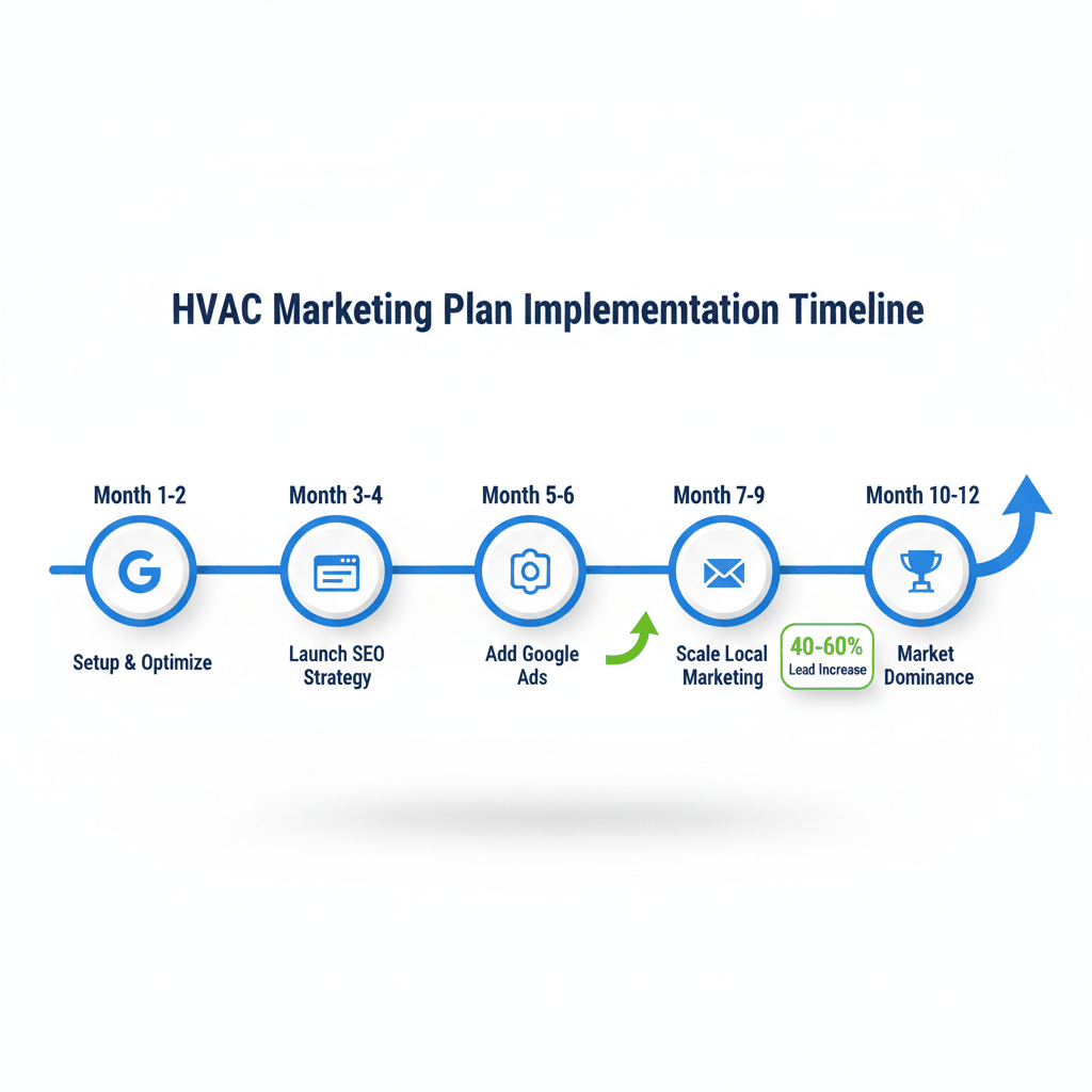HVAC marketing plan implementation timeline showing 12-month growth phases from setup to market dominance - HVAC marketing strategy timeline