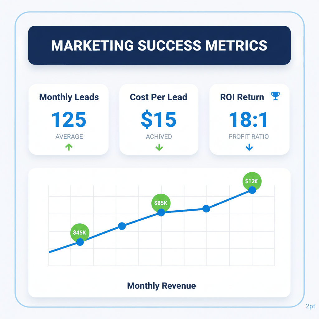 HVAC marketing success metrics showing 125 monthly leads, $15 cost per lead, and 18:1 ROI performance dashboard - HVAC business growth metrics