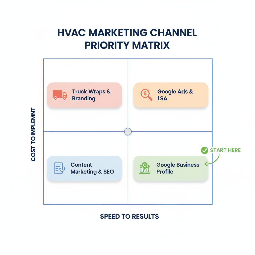 HVAC marketing channel priority matrix showing cost versus speed to results for Google Business Profile, SEO, Google Ads, and branding - HVAC marketing channel selection