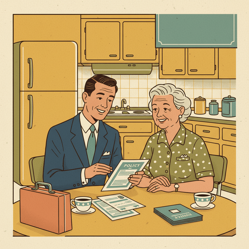 Vintage-style illustration of insurance agent consulting with elderly clients - final expense customer retention strategies