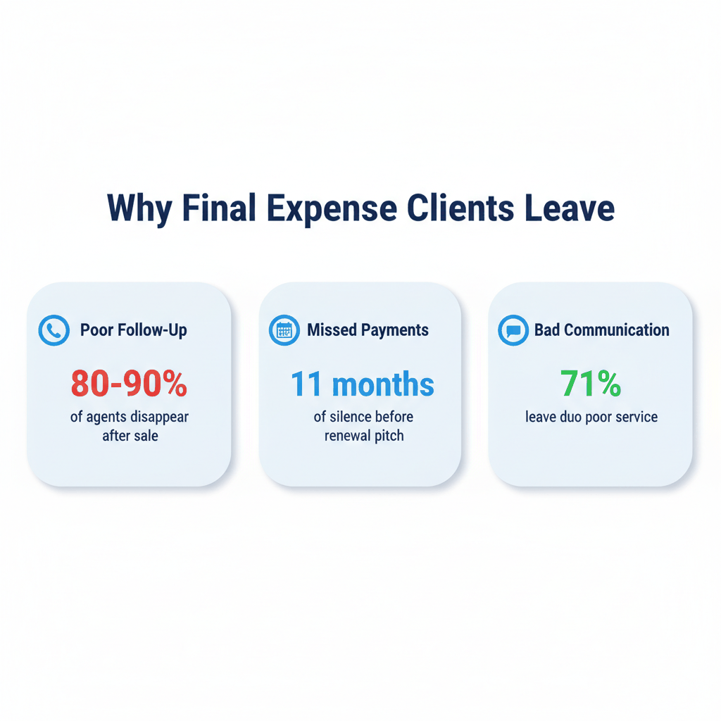 Infographic showing three main reasons final expense clients leave - poor follow-up, missed payments, and bad communication with industry statistics