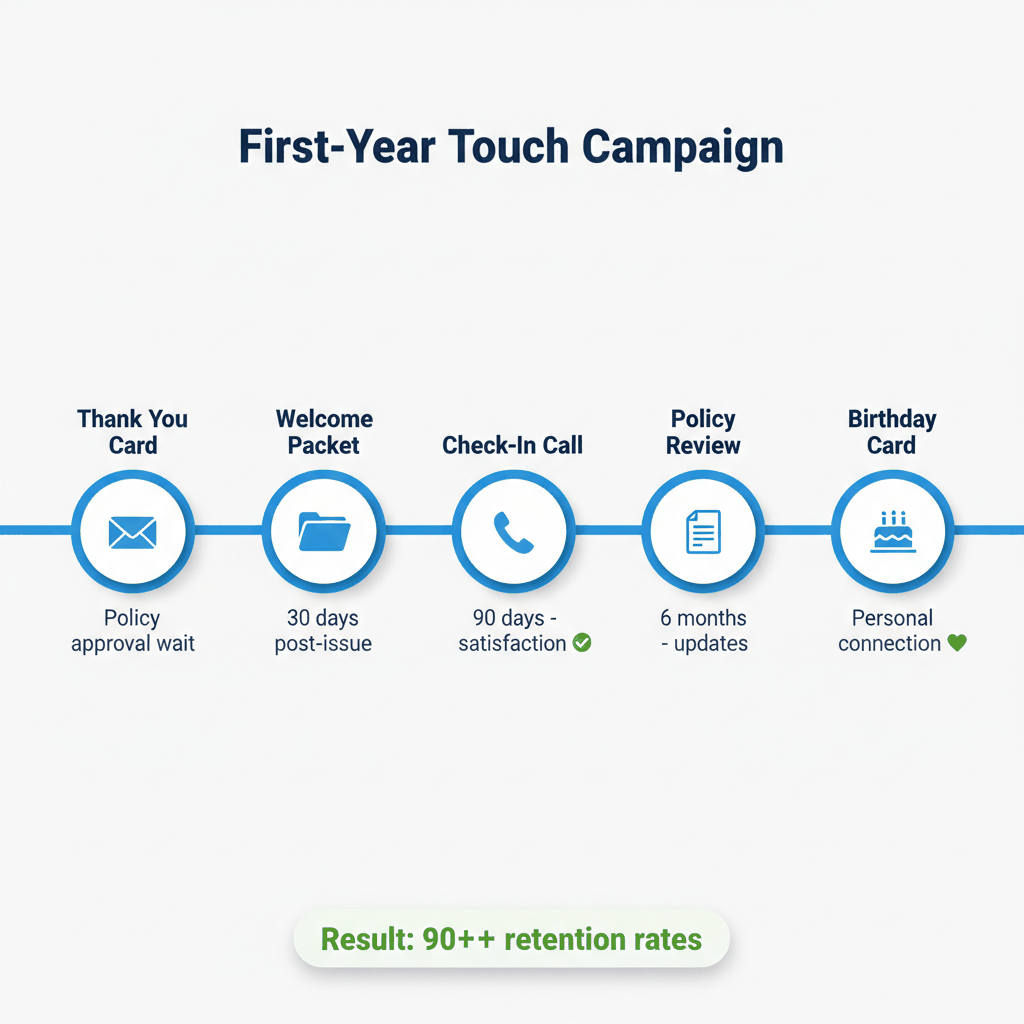 Five-step timeline showing first-year client touch campaign from thank you card to birthday card for final expense retention