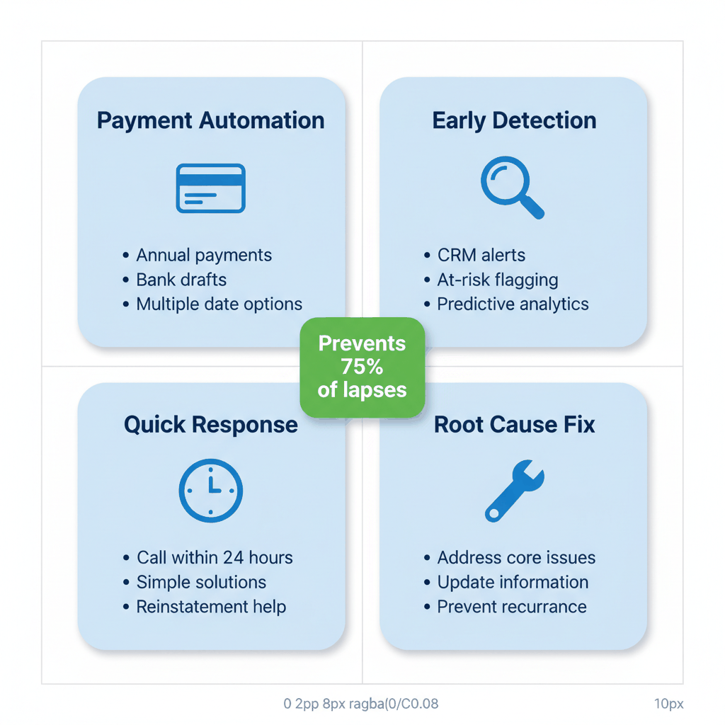 Four-quadrant strategy guide for preventing final expense policy lapses including payment automation and early detection methods