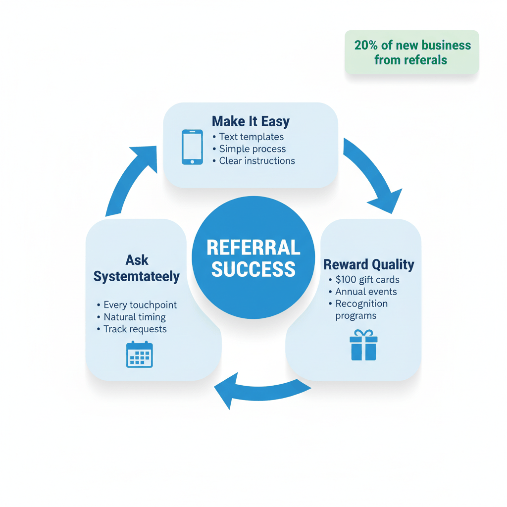 Circular workflow showing three-part referral program framework - make it easy, reward quality, and ask systematically