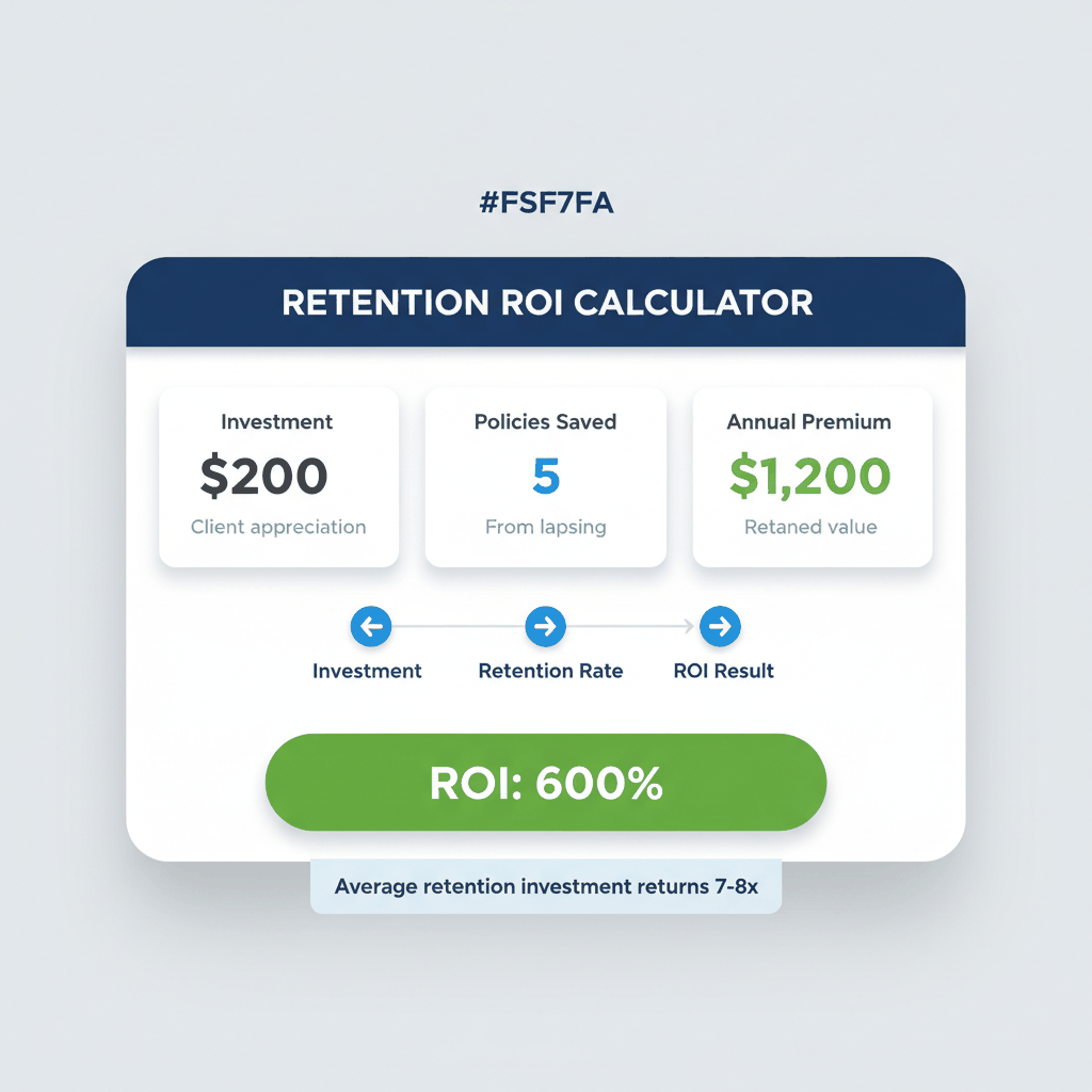 ROI dashboard calculator showing $200 investment in client retention generates 600% return through prevented policy lapses