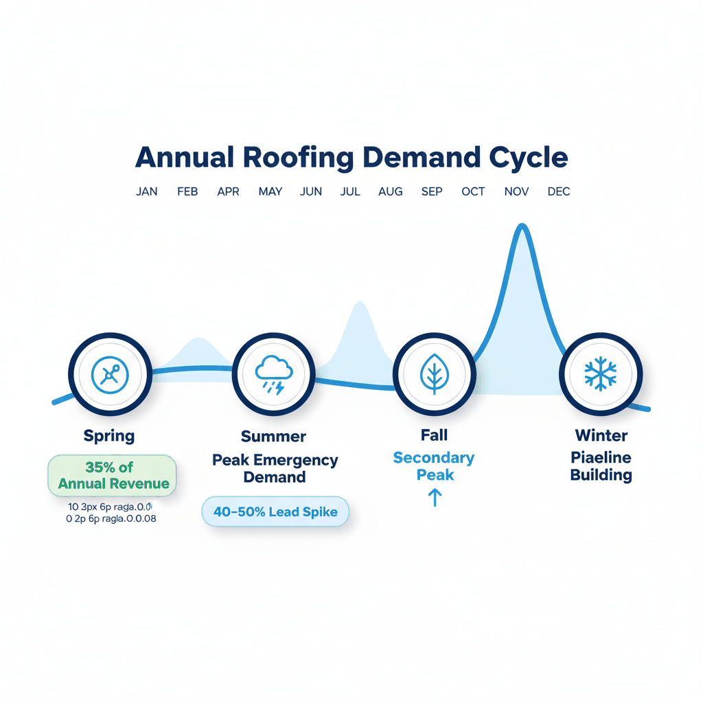 Annual roofing demand cycle timeline showing seasonal patterns and revenue distribution throughout the year