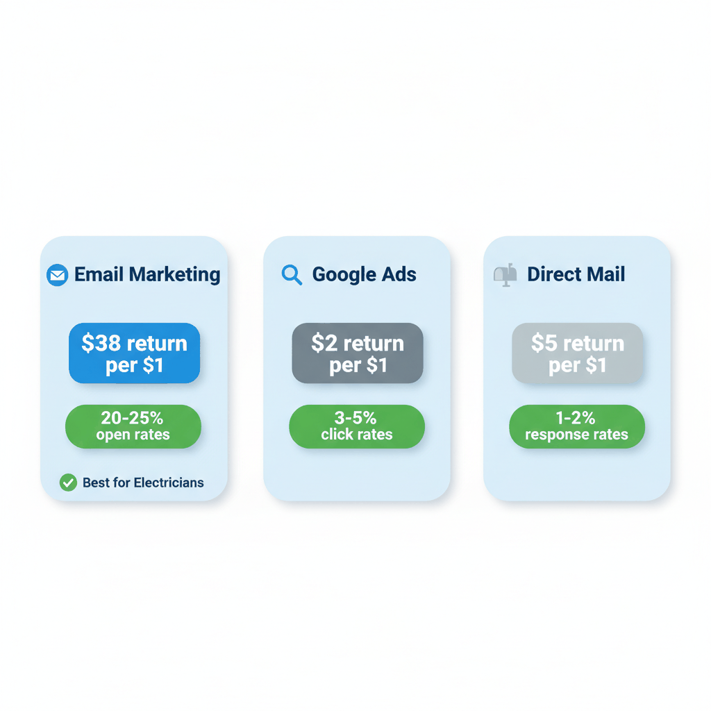 Email marketing ROI comparison chart showing $38 return per $1 versus Google Ads and direct mail for electrical contractors - electrician email marketing ROI