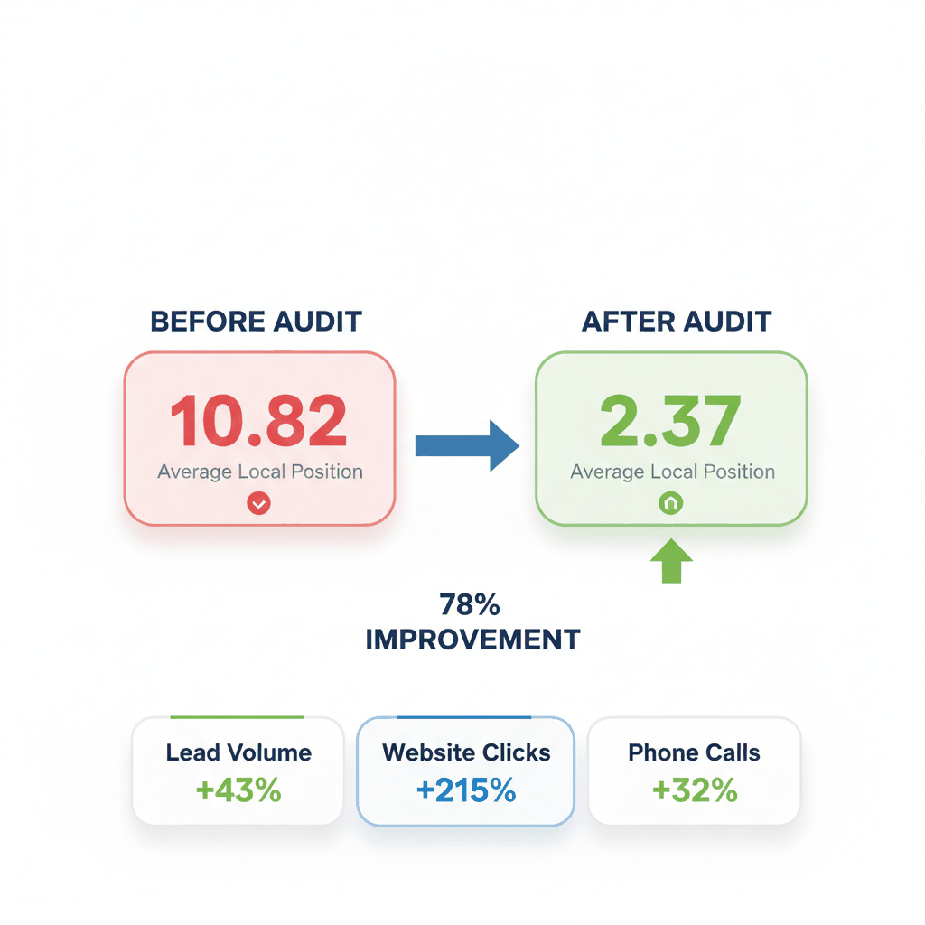 Local SEO audit results showing 78% ranking improvement from position 10.82 to 2.37 for plumbing website optimization
