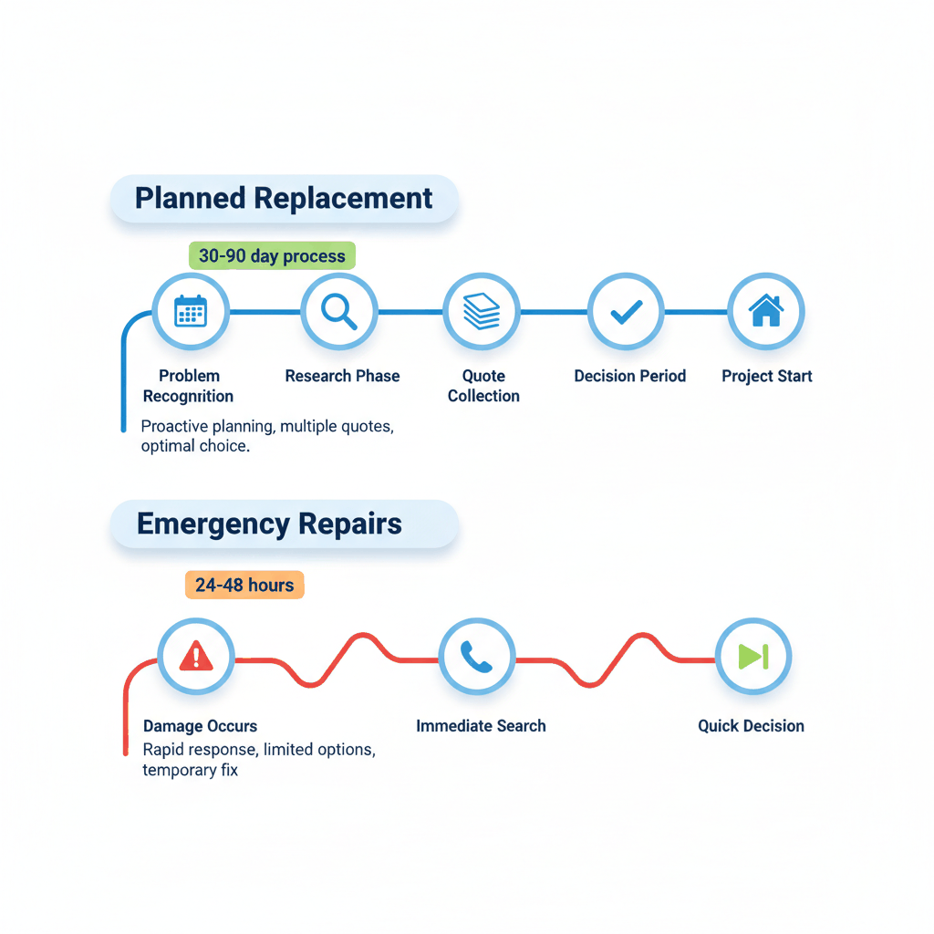 Planned vs emergency roofing purchase decision timeline comparison showing homeowner psychology differences