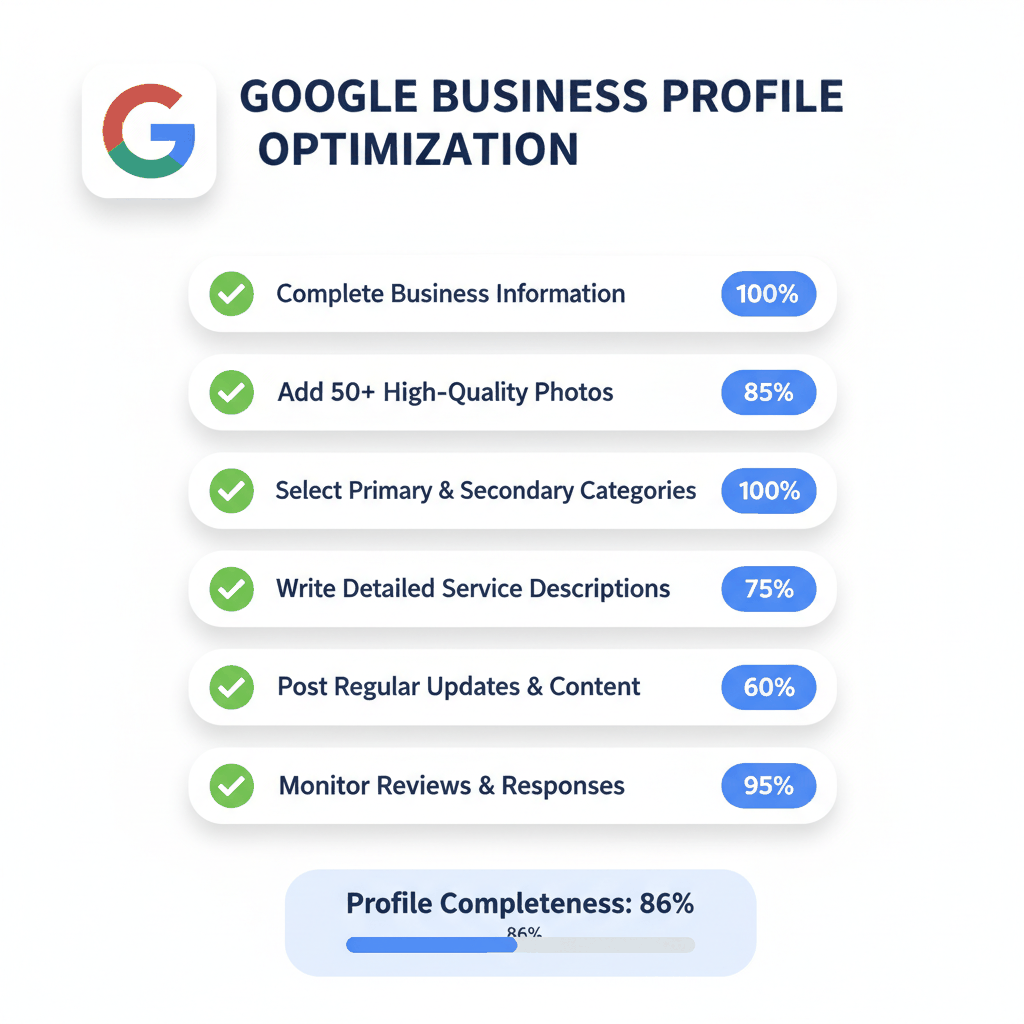 Google Business Profile optimization checklist for plumbers showing 7 essential completion steps with progress tracking