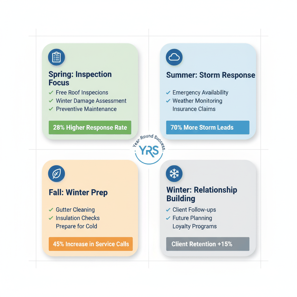 Seasonal roofing marketing strategy matrix showing targeted approaches for spring, summer, fall, and winter campaigns